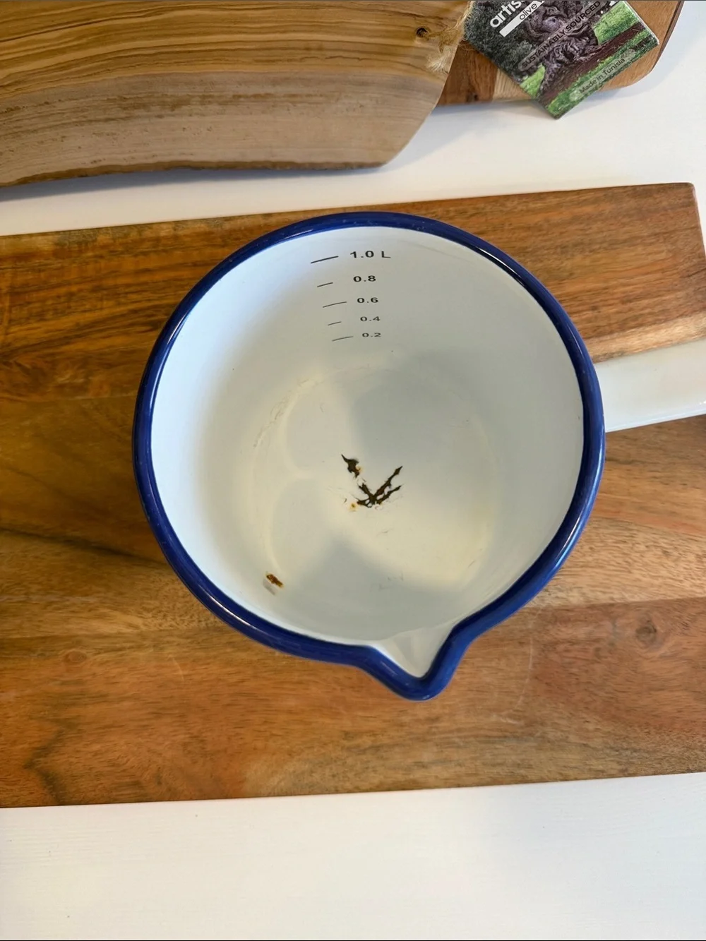 Vintage European White Enamel Milk Pan with Blue Rim